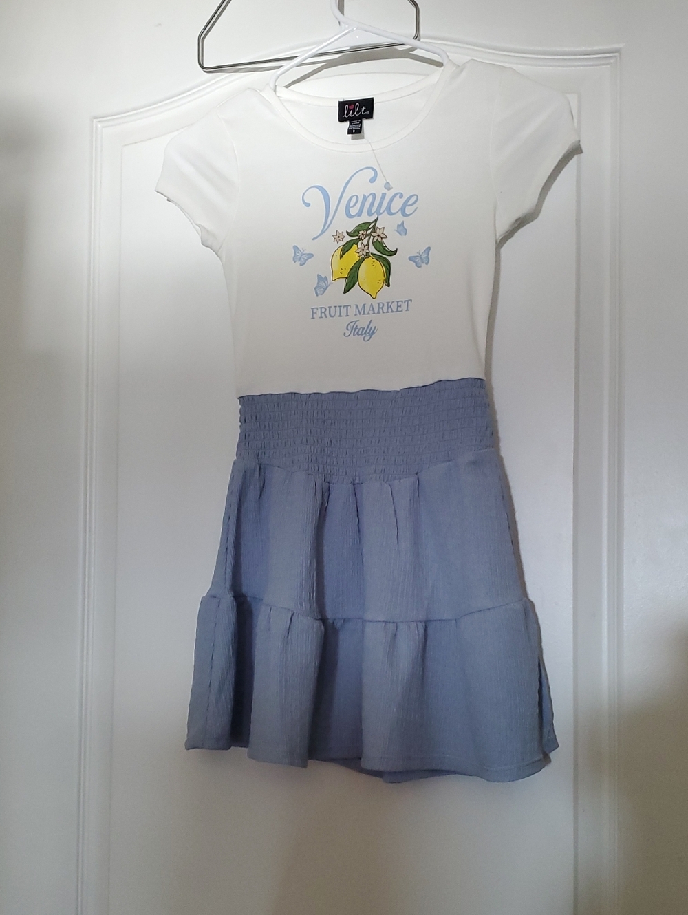lilt White Graphic Top with Light Blue Tiered Skirt